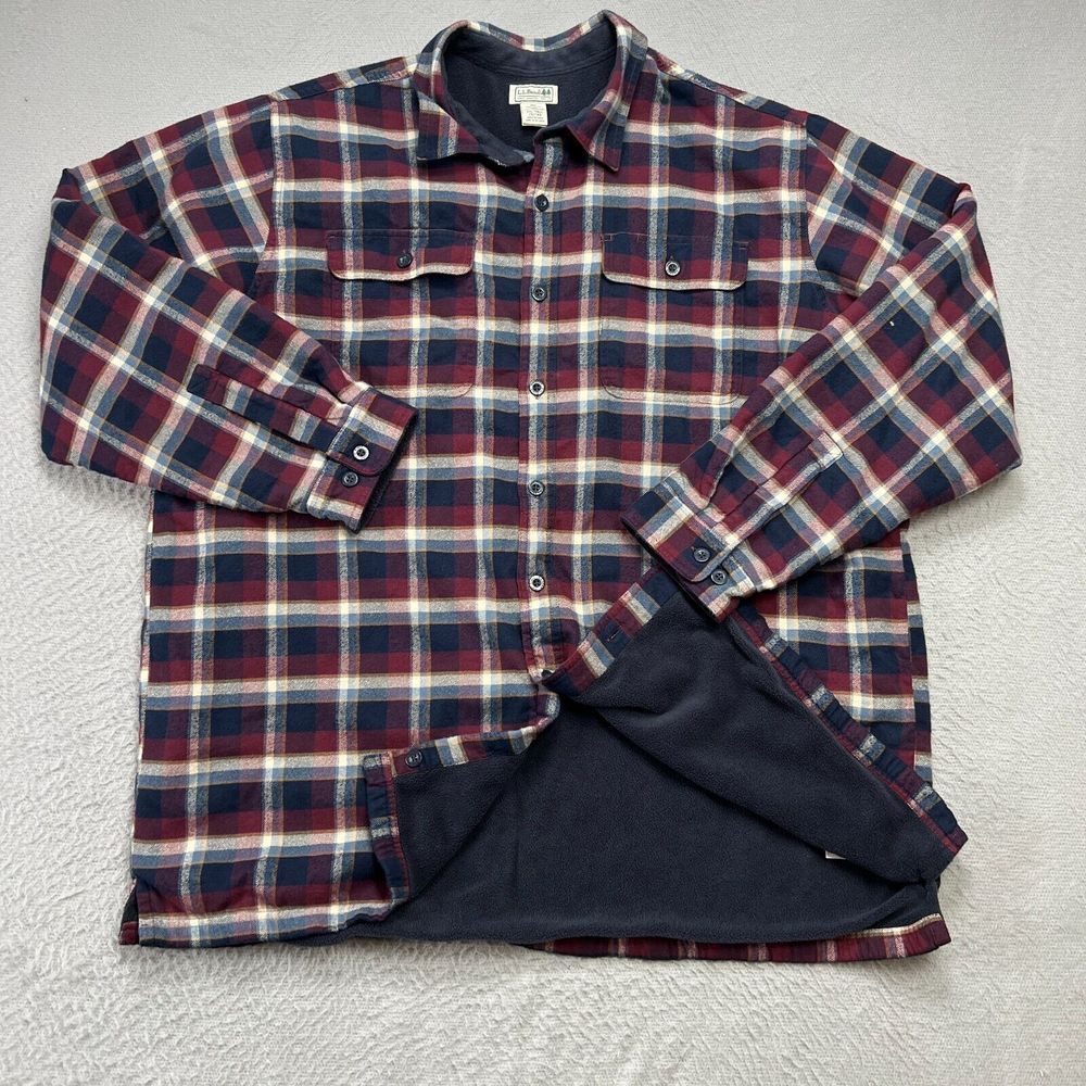 LL Bean Shirt Mens 2XLT Plaid Flannel Fleece Lined Button Up Chore Camp Outdoors